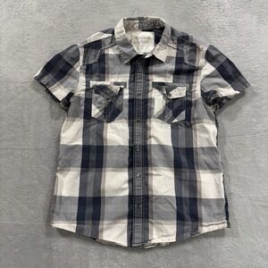 Guess Shirt Men's Large Plaid Flannel Pockets Blue White Short Sleeve Rodeo West